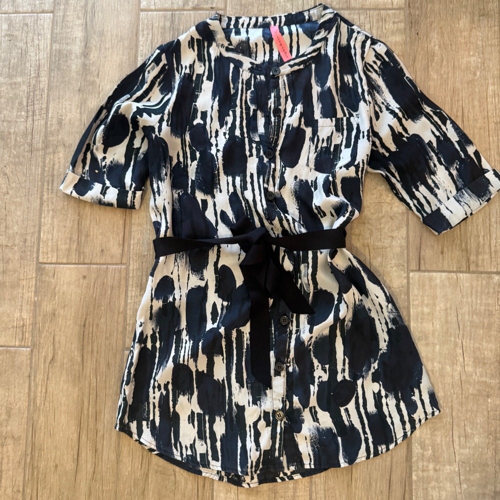 Eight Sixty Navy White Silk Abstract Button Front‎ Tunic Waist Tie Small